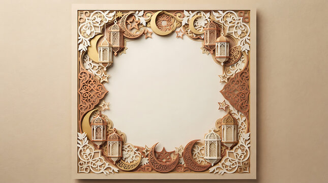 An intricate, layered paper-cut style frame featuring golden crescent moons, hanging lanterns, and ornate floral patterns on a beige background, holiday greeting cards or menus