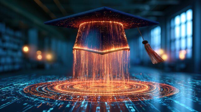 A glowing 3D graphic of a graduation cap symbolizing achievement and education, rendered in high fidelity with vibrant lighting and modern design elements.