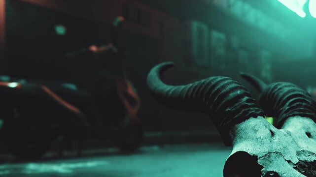 A skull with prominent horns rests on the ground in a dark urban space. The environment shows blurred lights and a scooter in the background, suggesting nighttime activities.