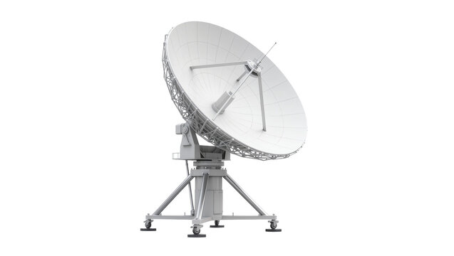 Large white satellite dish antenna on tripod base, isolated on transparent background