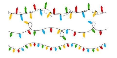 Fototapeta premium Christmas lights garland set, colorful holiday light bulb strings, colorful glowing bulbs string for winter holiday frame and header vector illustration isolated on white background