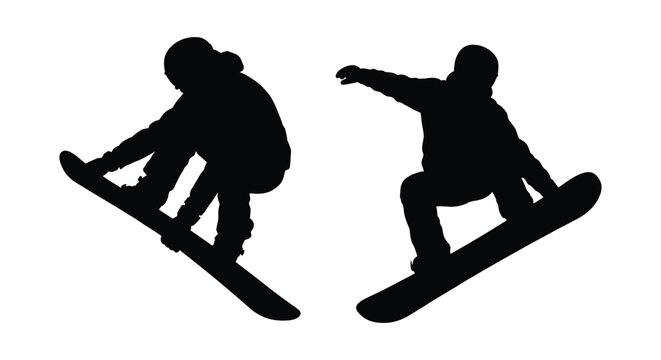 Snowboarders performing tricks are depicted as a black silhouette snowboard snowboarding rider athletes winter sports