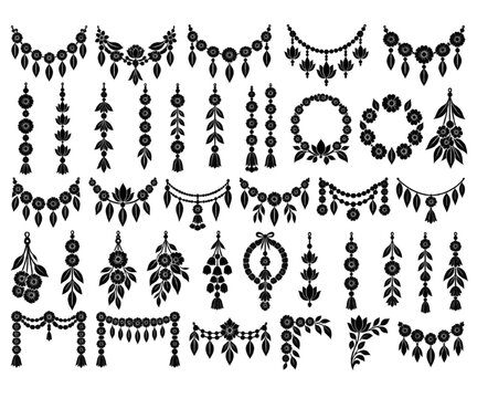 Diwali silhouette vector set of floral garlands, hanging ornaments, wreaths and decorative botanical elements