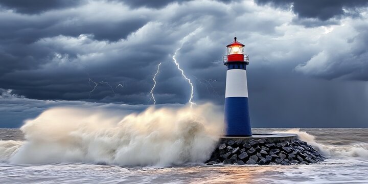 Sturdy lighthouse beacons signalamid turbulent storm surge, crashing waves and bright lightning bolt