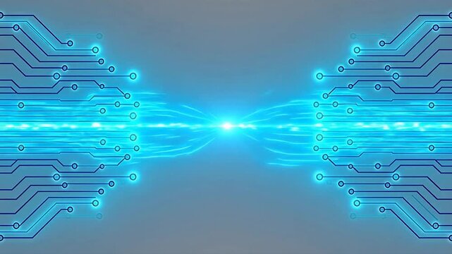 Symmetrical circuit board pattern with blue lines on a white background