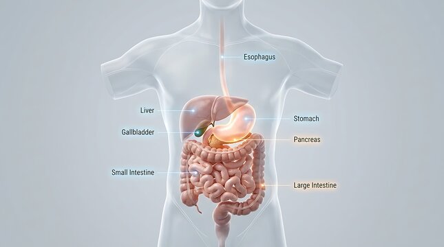Transparent Human Torso Anatomy Illustration Showing Digestive System