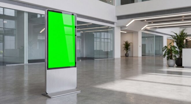 Vertical digital signage kiosk with green screen in a modern office lobby interior.