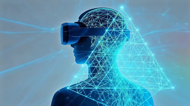 Virtual reality person silhouette with blue digital grid body and abstract tech background