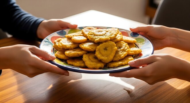 Two people sharing a plate of crispy fried plantain tostones at home