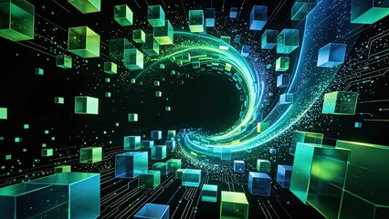 Fototapeta premium Futuristic Spiral Vortex Tunnel with Glowing Glass Cubes and Circuit Patterns in Neon Green Cyberspace