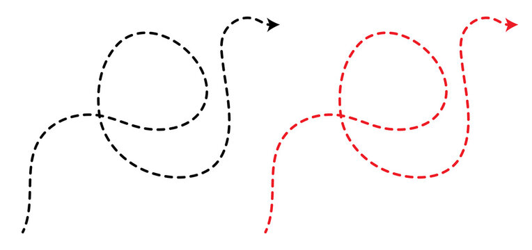 Long squiggle dashed and dotted line arrow vector icon, hand-drawn loopy path design element isolated on a white background for digital illustration use.