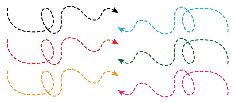 Set of isolated vector icons featuring hand-drawn dashed squiggle and loopy line arrows in black, blue, and pink colors on a white background.
