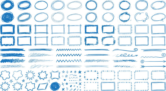 Hand Drawn Blue Ink Scribble Borders Mega Pack with Pen Underlines, Circular Frames, Rectangles, Speech Bubbles, and Textured Graphic Design Elements