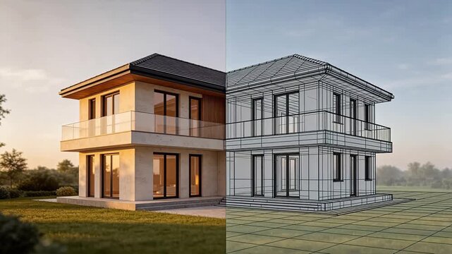 Modern two-story house exterior with glass balcony compared to wireframe 3D model