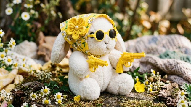 Stuffed bunny toy with sunglasses and yellow pistols.