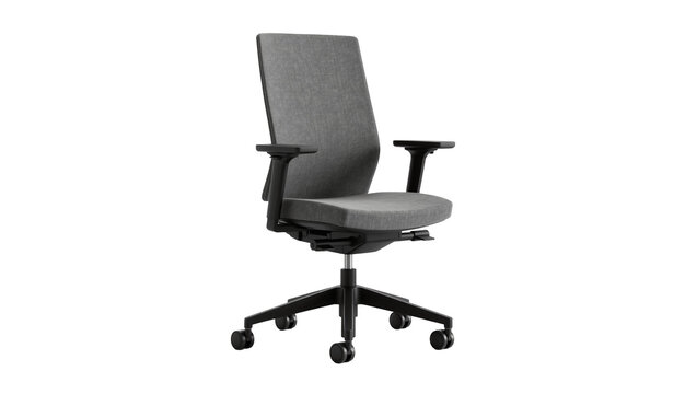 Modern grey fabric office chair with black adjustable arms and base, isolated on transparent background