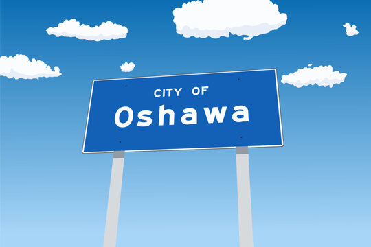Oshawa city limit sign in Ontario, Canada. City limit welcome road sign.