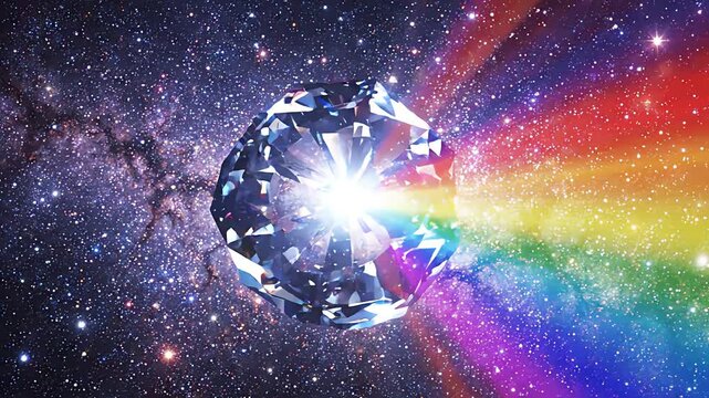 Sparkling diamond refracting light rays against a deep space galaxy background