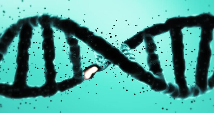 3D animation of human DNA strand rotating with glowing orange mutation area. Science and Medical Concept.