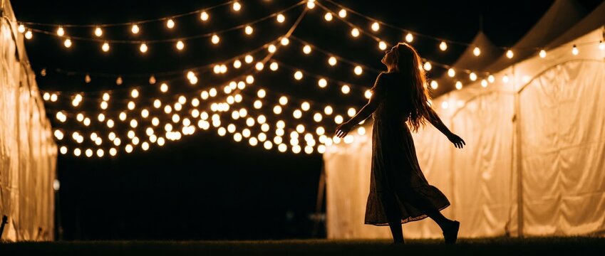 Woman dancing alone beneath string lights beside festival tent. Concept of personal freedom for wellness storytelling and lifestyle branding.