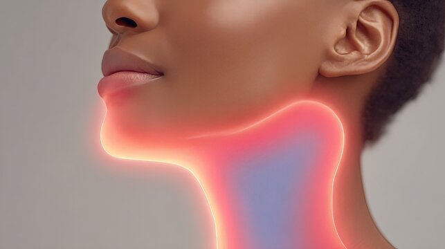 This partial close-up shot shows the side profile of a person's lower face and neck. The throat area is marked with glowing red and blue highlights