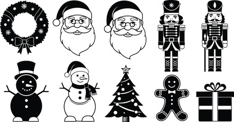 Fototapeta premium Charming collection of christmas icons in black and white silhouette