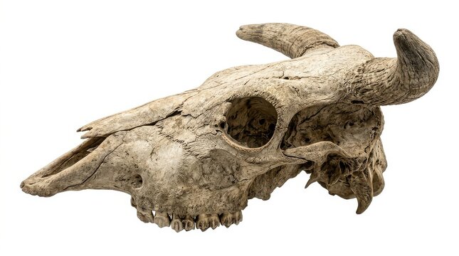 Weathered Bull Skull with Horns and Teeth Isolated on White Background - Western Ranch Decor and Animal Anatomy