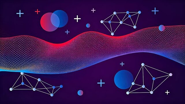 Abstract red and blue wave grid surfaces with neural network nodes on purple background