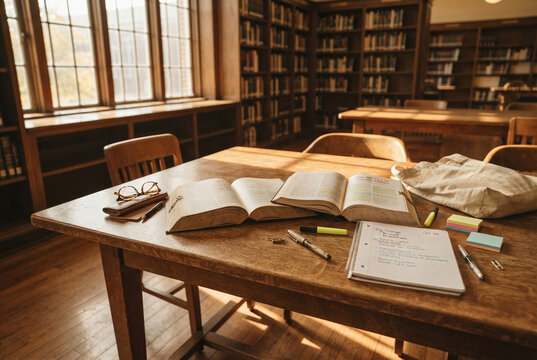 Open books and notebook on wooden desk in vintage library.