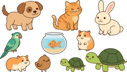 Obraz premium Cute pet animals sticker vector set featuring cartoon puppy dog cat kitten rabbit parrot goldfish hamster guinea pig and turtle