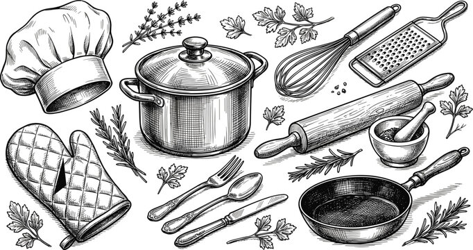 Kitchen utensils collection featuring chef hat cooking pot frying pan oven mitt rolling pin and culinary herbs