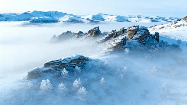 Snow-covered rocky landscape with misty valleys and distant mountains under a clear blue sky