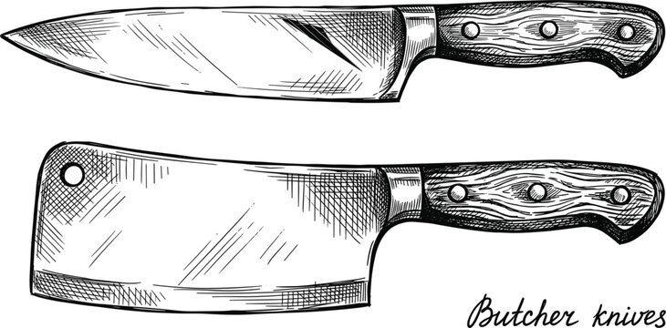 Hand drawn vintage butcher knives collection featuring a sharp chef knife and a heavy meat cleaver tool