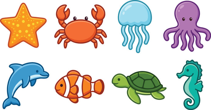 Cute sea creatures vector collection featuring cartoon starfish crab jellyfish octopus dolphin clownfish sea turtle and seahorse characters