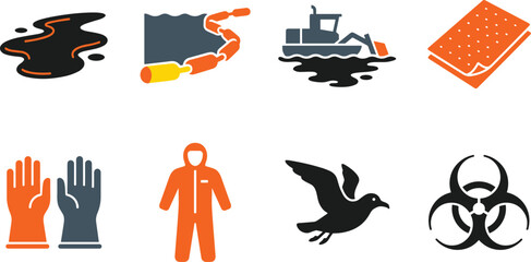 Oil spill environmental disaster and cleanup vector icon set featuring oil slick, boom barrier, containment boat, and hazmat suit. © Marufa