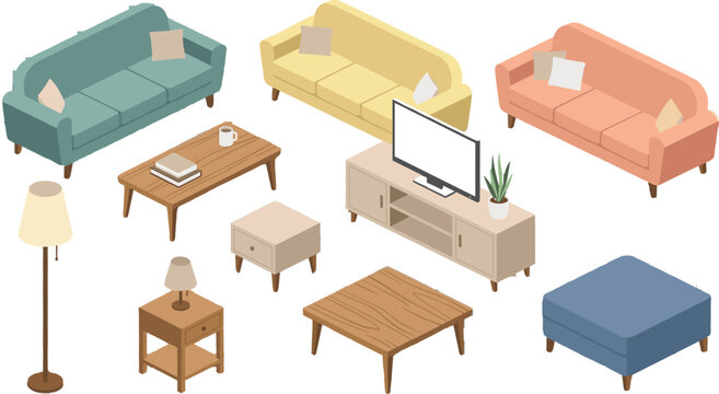 Isometric living room furniture and interior decor vector elements set featuring couches, coffee tables, lamps, and television stand.