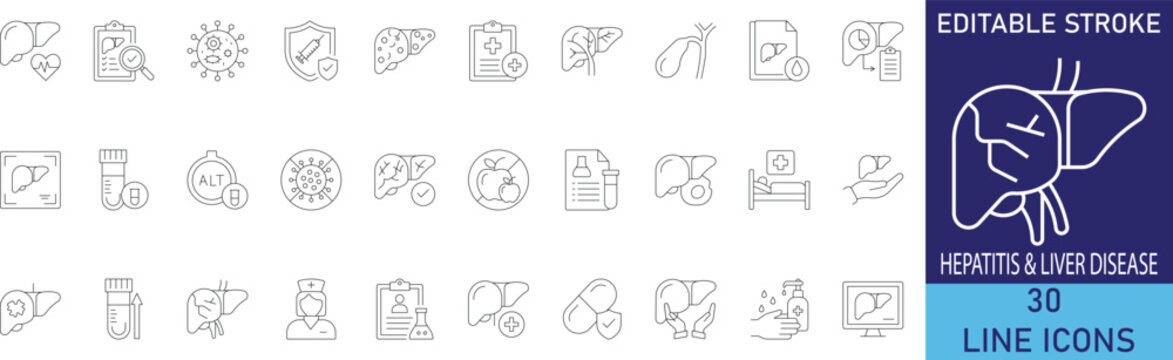 Hepatitis and liver disease hepatology medical healthcare line icon set. Vector symbols for unhealthy inflamed liver, cirrhosis fibrosis, jaundice yellow eye, hepatitis B virus, biopsy needle, and liv