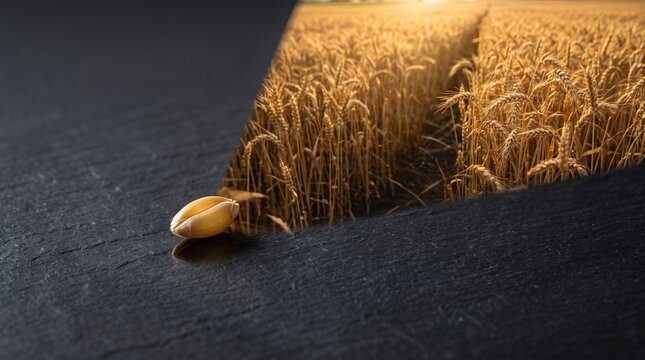 Golden wheat field and single seed on dark textured stone background. Organic agriculture concept, harvest season, natural farming, fresh grain crop, sustainable food source, rural lifestyle