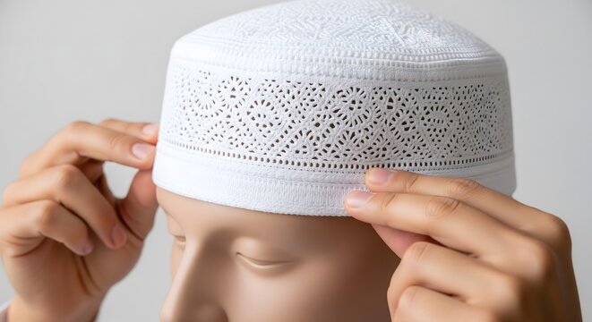 White embroidered prayer cap worn on a mannequin head for religious event
