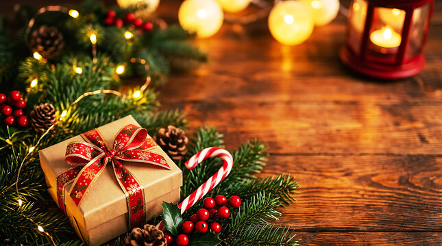Cozy Christmas Gift with Festive Decorations on Rustic Wooden Table