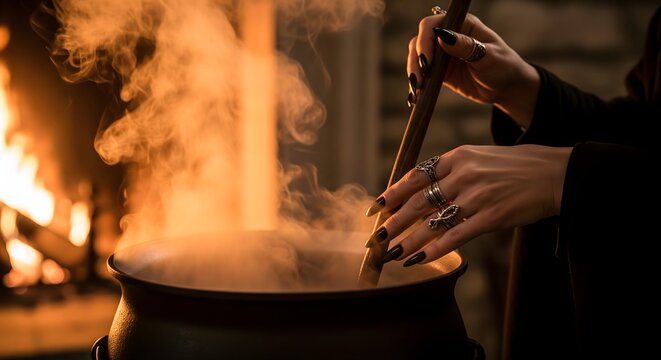 Witch stirring a steaming black cauldron by a fireplace at night