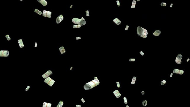 Falling rolled up Euro 100 bills loop Rain Wealth