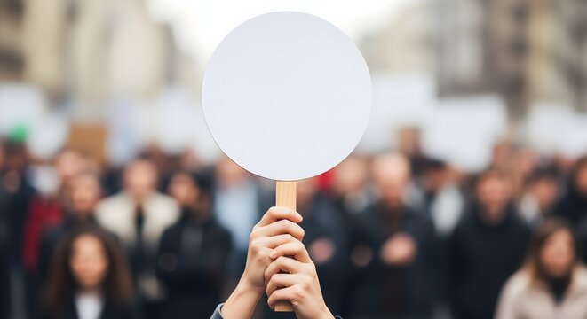 Person holding blank circular sign at public protest demonstration