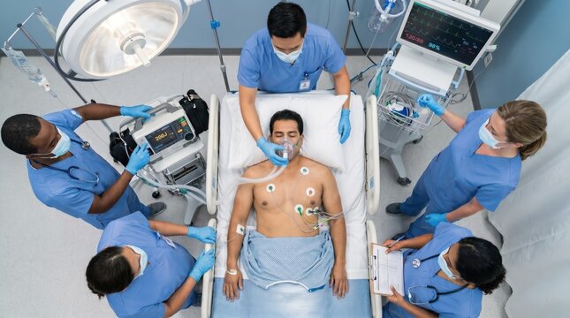 Emergency team performing resuscitation around patient in intensive care. Concept of rapid response for medical training and critical care campaigns.