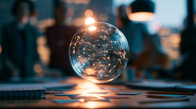 Glowing glass sphere with fairy lights, floating crystal ball in office, creative business innovation concept, illuminated orb