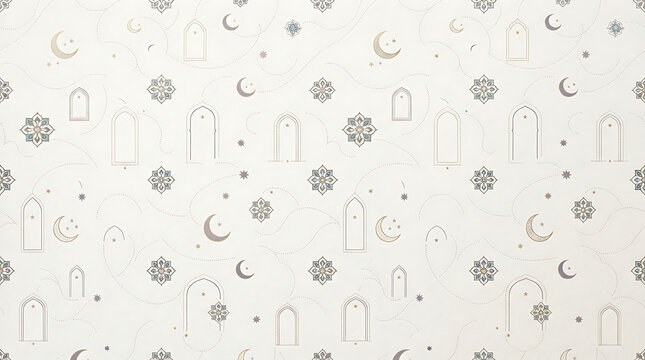 Minimalist pattern with thin line of arched doorways, crescent moons, and small geometric stars on a light beige background, subtle wallpaper for ramadan and islamic events