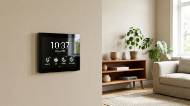 A close up view of a modern wall mounted smart thermostat displaying the time and home automation controls inside a brightly lit living room with neutral colors and warm wooden furniture