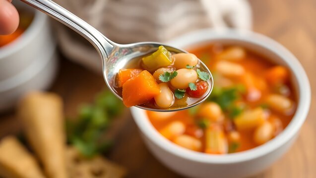 Macro shot of a spoonful of fasolada above a bowl, showcasing beans, carrots, and celery in tomato broth, soft focus background