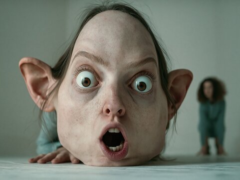 Surprised face with exaggerated features and wide eyes