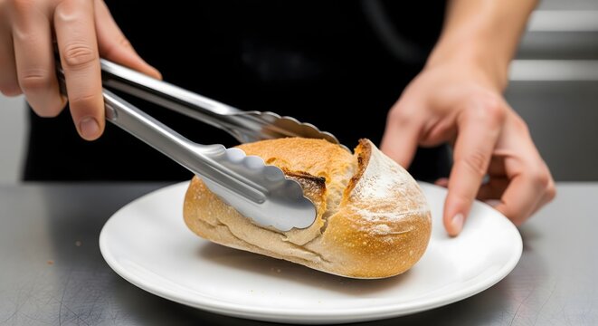 Person holding fresh sourdough bread loaf with metal tongs on a plate